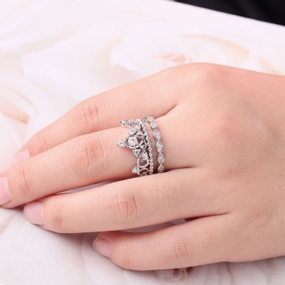 Prinzessin Kronen Ring Set in S925 Silber mit weiß glänzenden Zirkonen